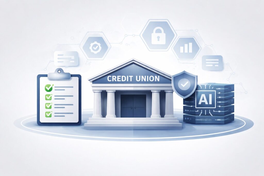 A checklist on a clipboard, a credit union icon, and an AI server icon.