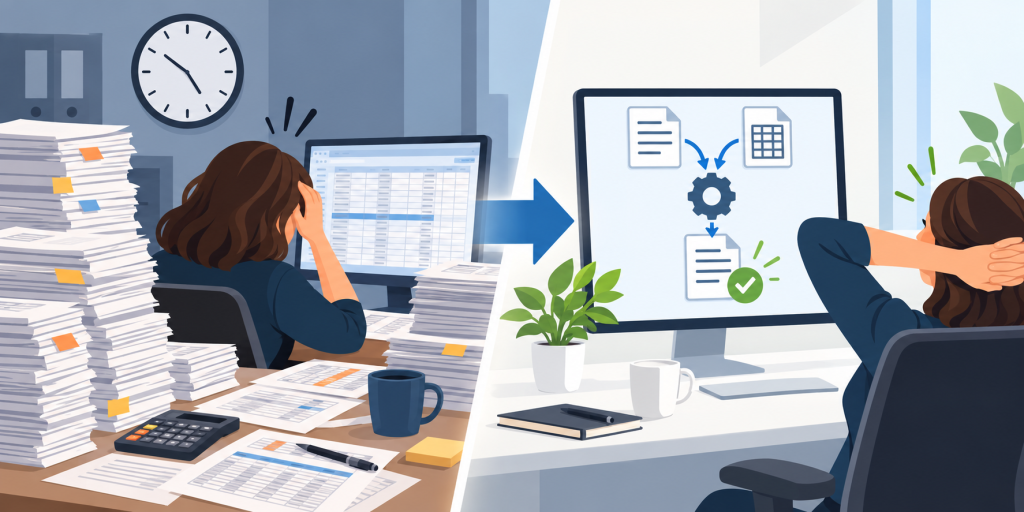 Employee at burdened desk and employee at automated desk.